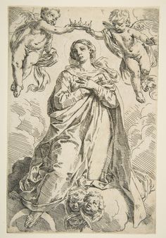 an old black and white drawing of the virgin mary with cherubs above her