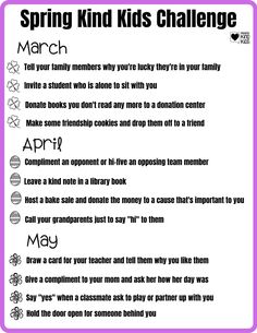 a poster with the words spring kids's challenge written in black and white on it