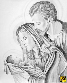 a drawing of a man and woman holding a baby