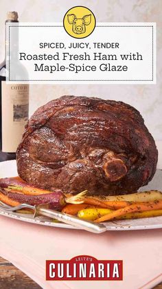 a large roast beef with roasted fresh ham and maple - spice glaze on a platter