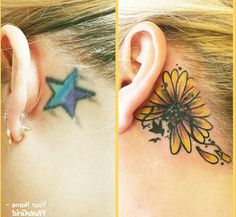 two pictures of a woman's ear with a flower behind the ear tattoo on her left side