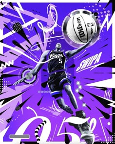 a basketball player dunking the ball in front of purple and black art decos