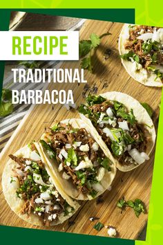 three tacos sitting on top of a wooden cutting board