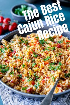 the best cauliflower rice recipe in a bowl with spoons and tomatoes on the side