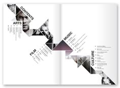 an open brochure with geometric shapes and photos on it's side, including the words contents films music