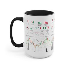 a white and black coffee mug with an image of stock market diagrams on the side