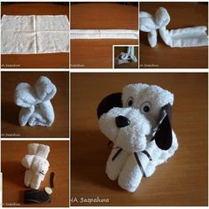 there are many pictures of stuffed animals made out of towel towels and other things to make them look like they're ready for bedtime