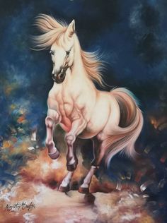 a painting of a white horse running in the night