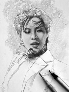 a pencil drawing of a woman with a microphone in her hand and flowers on her head