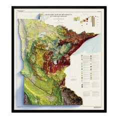 a framed map of the state of minnesota with mountains and lakes in it's borders