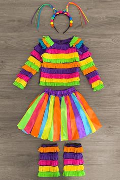 Toddler Hippie Costume, Piñata Costume, Rainbow Pinata, Rainbow Costumes, Pom Pom Headband, Rainbow Top, Sparkle In Pink, Hippie Costume, Get The Party Started