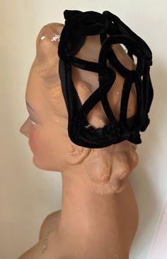 1940s clamper hat. Black velvet in a large crocheted style. The hat has a beautiful shape that can be worn in several ways. The velvet is wired so it is easy to fit around the head but a small (hat) pin is recommended, just to be sure. She is in beautiful condition. A real jewel on your head! Measurements are approx; wide 23 cm | 9 inch high 22 cm | 8,6  inch PLEASE NOTE; The prices for shipping have increased even further in 2024, unfortunately there is not much I can do about it except this, 1940 Hats, Hat Pin, Costume Hats, Hat Pins, Your Head, Thank You So Much, Costume Accessories, Black Velvet, Fascinator