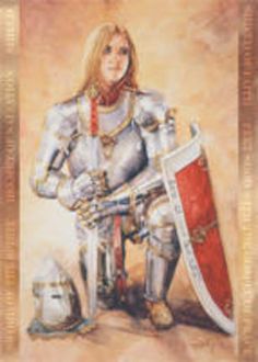 a woman standing next to a painting of a knight