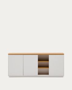 the sideboard is white and has two doors on one side, and an open shelf with