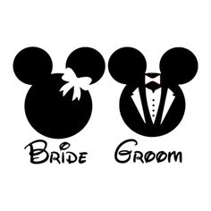 the bride and groom mickey mouse ears are shown in black on a white background with text