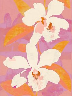 a painting of white orchids on a pink and purple background with orange leaves in the foreground