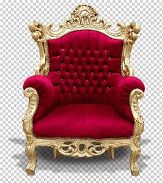 a red chair with gold trimmings and a crown on the armrest, sitting in front of a white background