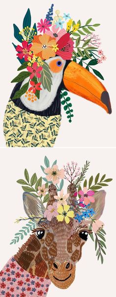 two pictures with flowers and birds on them, one has a toucan in the middle