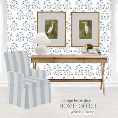 a chair and table in front of a wallpapered room with two pictures on it