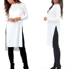 Open To Reasonable Offers - Women's Hacci Tunic With Leggings - White Top Black Leggings Available Side Slits Comfortable Long Sleeve Lightweight Materials: 58% Polyester, 37% Rayon, And 5% Spandex Made In The Usa Yah1120bq/0370 Tunic Patterns For Women, Tunic Dress With Leggings, Tunic With Leggings, Tunics With Leggings, Sequin Tunic, Stripped Tops, Red Tunic, Layered Sweater, Design Drawings