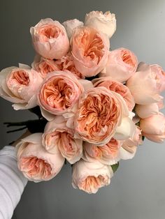 a person holding a bouquet of pink flowers