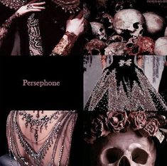 a collage of photos with skulls, chains and other items in them that include a woman's dress