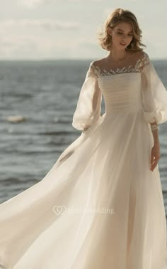 Beach Puff 3-4-sleeve Scoop-neck Empire Ruched Chiffon Wedding Dress with Bow - Dorris Wedding Gowns With Bow, Chiffon Wedding Dress Beach, Organza Wedding Dress, Bow Wedding Dress, Wedding Dresses A Line, Cheap Wedding Dresses Online, Organza Wedding, Back Wedding Dress, Trading Platform