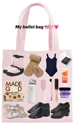 a pink bag filled with lots of different items including shoes, hairbrushes and makeup