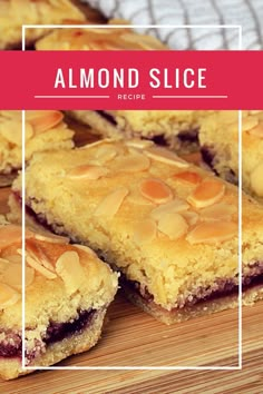 almond slice on a wooden cutting board with the words almond slice in front of it