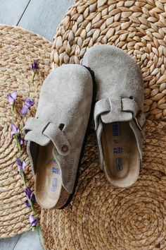 Birkenstock Boston Soft Footbed Suede Leather Clogs for Women in Taupe Brikstocks Clogs Outfit, Taupe Birkenstock Clogs Outfit, Boston Birks Outfit, Birkin Stocks, Cute Fall Shoes, Birkenstock Boston Taupe, Copenhagen Shoes, Birkenstock Boston Soft Footbed, Birkenstock Colors