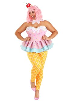 a woman dressed in a pink wig and ice cream costume posing for the camera with her hands on her hips