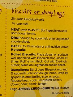 a recipe for biscuits or dumplings is shown in the back of a box with instructions on how to make it