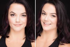 two pictures of a woman with dark hair and blue eyes, one is smiling at the camera