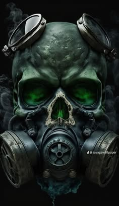 a skull wearing a gas mask with goggles on it's head and green eyes