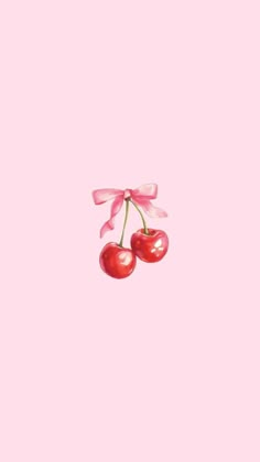 two cherries tied to a pink ribbon against a light pink background in the shape of a bow