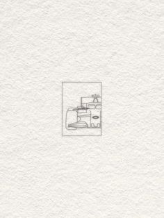 a drawing of a sewing machine on top of a white paper sheet with a small square in the middle