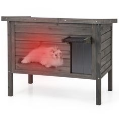 a cat laying on top of a wooden table with a red light coming out of it