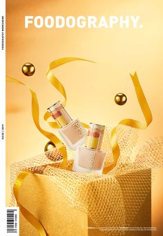 an advertisement for food photography with gold ribbon and two small bottles in the middle of it