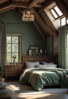 a bedroom with green walls and wooden beams