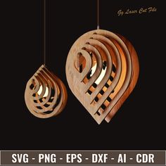 wooden ornaments are hanging from strings in the shape of heart and letter s on black background