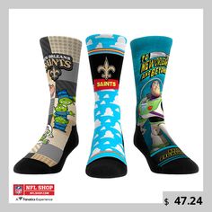 Show off your New Orleans Saints pride with these Toy Story crew socks from Rock Em Socks. This pack includes three pairs that feature vibrant sublimated graphics of your favorite characters from the beloved animated film. Each pair boasts breathable construction with a form-fitting band and padded soles to ensure a comfortable fit that will have you saying "To infinity... and beyond!" all season long. Saints Gear, Sock Toys, Toy Story 3, Digital Camo, Nfl Gear, Quarter Zip Jacket, To Infinity And Beyond, New Orleans Saints, Kids Hats