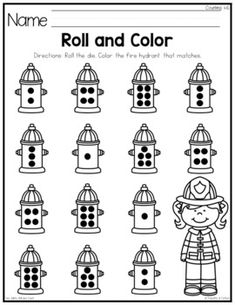 the printable worksheet for roll and color with fire hydrant pictures on it