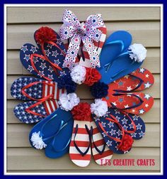 patriotic flip flops wreath made out of red, white and blue flip flops