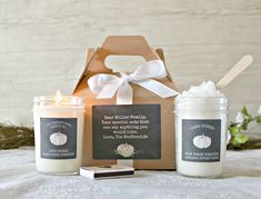 This adorable gift set comes with an 8 oz candle, box of matches, 8 oz sugar scrub with spoon and with or without the matching gable box, with your special message. It's the perfect way to spoil that someone special for being so awesome. You're welcome to get these with or without the box. If ordering the gable box, please leave your personalization instructions for the label in the notes section at checkout. If you are ordering 1 set only MARKED as a gift with the gable box, these will be shipp Thanksgiving Candles, 8 Oz Candle, Cosy Autumn, Fall Candle, Pumpkin Gift, Fall White, Breaking In, Thanksgiving Celebration, Gift Housewarming