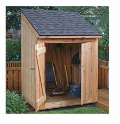 a wooden shed with the door open and gardening tools in it's storage compartment