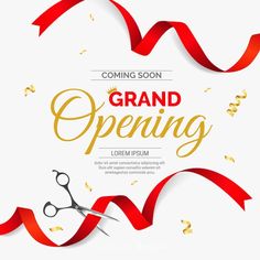 grand opening with scissors and streamers on the white background, red ribbon in the shape of an arrow