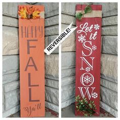 two wooden signs that say happy fall and let it snow