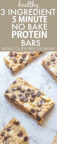 three ingredient no bake protein bars with chocolate chips on top and text overlay