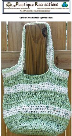 a crocheted bag hanging from a wooden door with the words,'plasticique recreations '