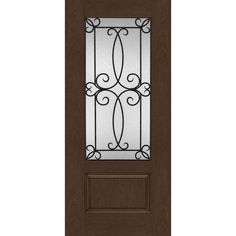 a brown door with glass and wrought iron bars on the top panel, in front of a white background